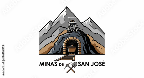 Cartoon depicts a mine entrance in a mountain with a mine cart and tools