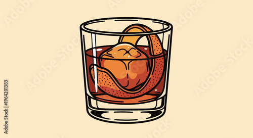 Brown cocktail in a glass with orange peel and ice