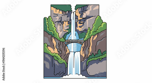 Scenic pixelated waterfall cascades down rocky cliffs with a bridge
