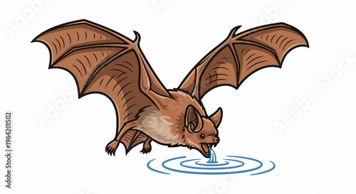 Brown bat with wings spread drinks from rippling water