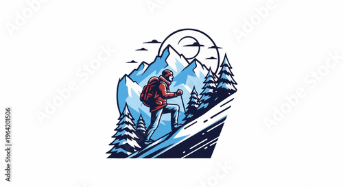 Adventurer ascends a snowy mountain path with pine trees