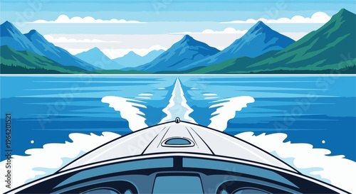Speedboat racing across a calm lake towards majestic blue mountains