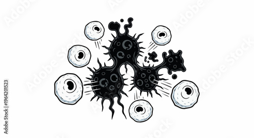 Spiky dark blob and white circular shapes with black centers