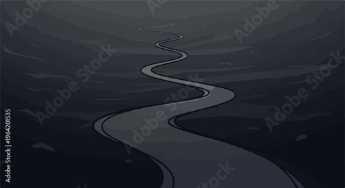 A winding, dark road stretches into a mysterious, hazy distance