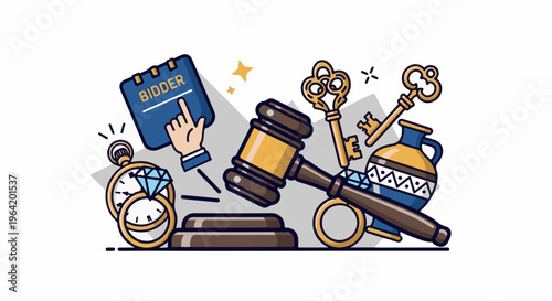 Auction elements gavel, keys, jewelry, vase, and pocket watch