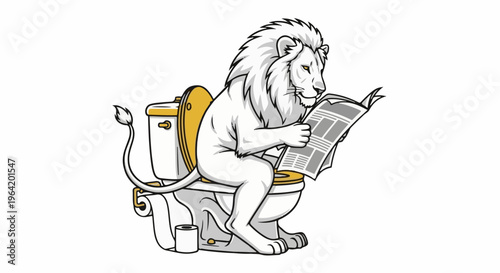 A white lion sits on a toilet, reading a newspaper