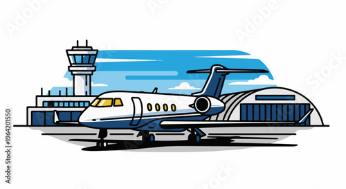 A white and blue jet plane sits on the tarmac at an airport