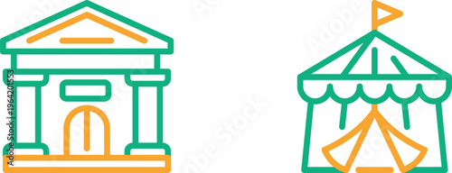 Contrast of classical architecture and carnival tent with vibrant colors