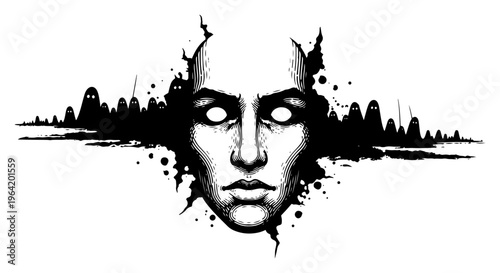 Woman face with glowing white eyes surrounded by ghostly silhouette figures in dark engraving style