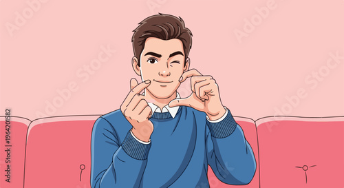 A young man winks and forms a heart shape with his fingers