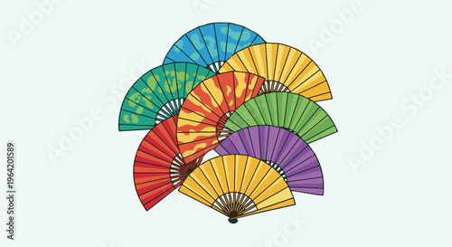 A vibrant collection of colorful paper fans arranged in a pleasing fanned out display