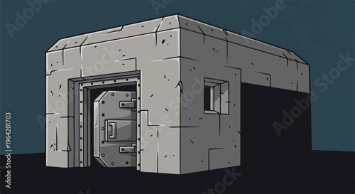 A pixelated, imposing concrete structure with a large, open vault door