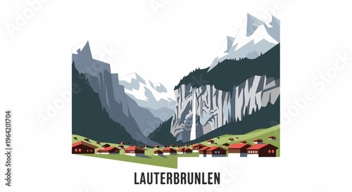 A picturesque valley village nestled amidst towering mountains and a cascading waterfall