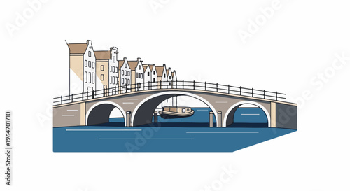 A picturesque arched bridge crosses a blue waterway, with quaint buildings atop