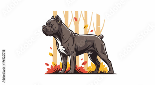 A muscled, dark-coated canine stands alert amidst autumn foliage and trees