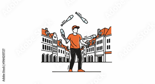 A person juggles pins in a street with historic buildings