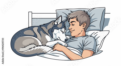A man and his husky sleep peacefully together in a bed