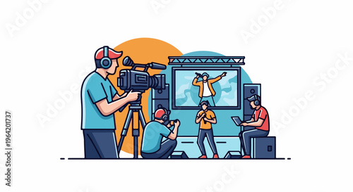 People filming a performance on stage with cameras and sound equipment