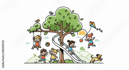 A joyful outdoor scene with children playing on a slide, swing, and kite