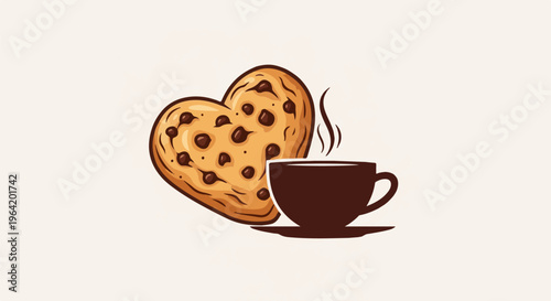 A heart-shaped chocolate chip cookie rests next to a steaming cup of coffee