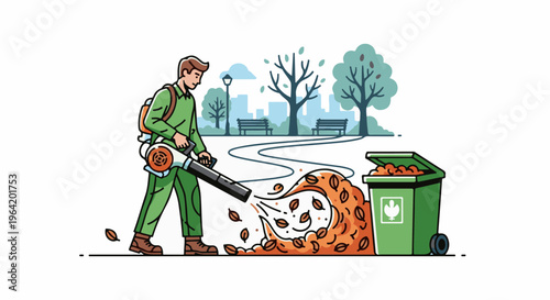 Person blowing leaves into a trash bin in a park with trees and benches