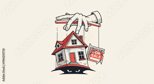 A hand manipulates a house with a for sale sign as sinister eyes peer from below