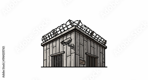 A fortified structure with barbed wire and security cameras