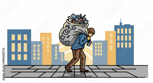 Person with a large sack of items walks past city buildings at dusk