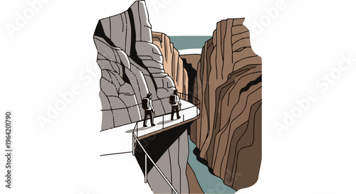 Two hikers on a cliffside path overlook a deep canyon with a river