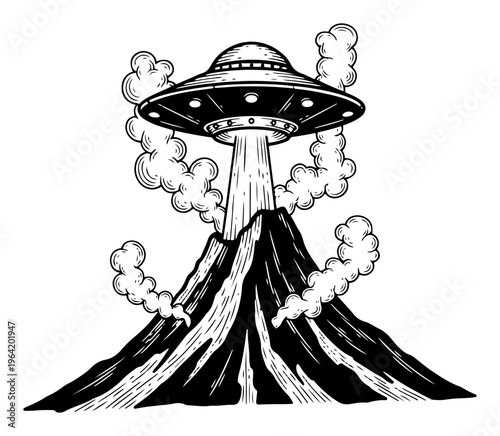 UFO flying saucer hovering over smoking mountain peak in vintage engraving style