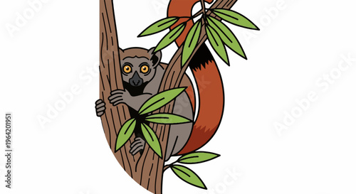 A cartoon lemur peeks out from behind a tree trunk with green leaves