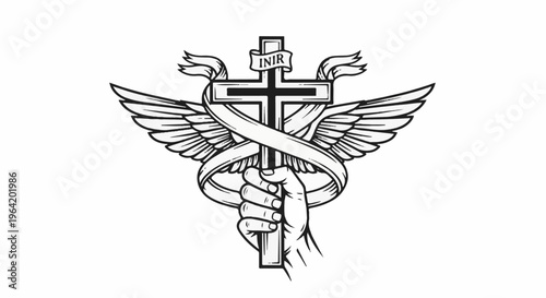 Religious symbol with wings, cross, scroll, and hand