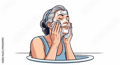 Woman washing face with foam