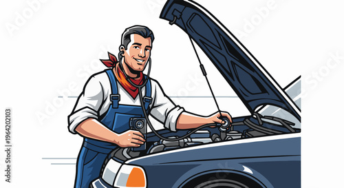 Smiling mechanic in overalls uses stethoscope to check car engine