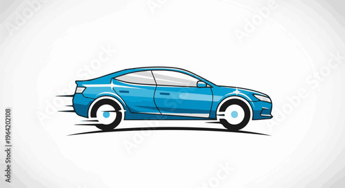 Sleek blue sedan with stylized wheels and motion blur, symbolizing speed