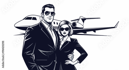 Stylish couple in suits and sunglasses standing with a private jet
