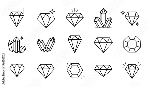 Diamond and Gemstone Vector Icon Collection Black Line Flat Minimal Isolated
