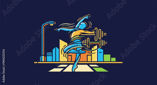 Stylized dancer performs ballet on a city street with streetlights and buildings