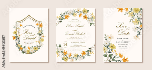 wedding invitation set with yellow white wildflower watercolor frame