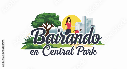 Stylized illustration of a person enjoying a sunny day in a park with cityscape background