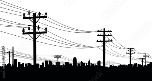 Electric power line silhouettes over urban skyline with utility poles, representing city electricity distribution, energy infrastructure, and modern electrical grid system concept