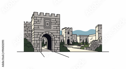 Stylized illustration of an ancient stone castle gateway and courtyard