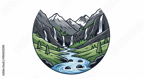 Stylized mountain valley with multiple waterfalls flowing into a river