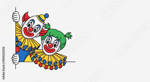 Two cheerful cartoon clowns peeking from a white corner