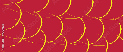 Abstract hand drawn yellow swirl pattern on red background vector design.