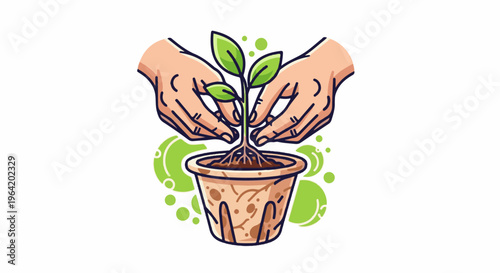 Two hands gently plant a seedling in a potted plant