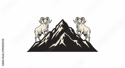 Two ram sheep flanking a majestic mountain peak