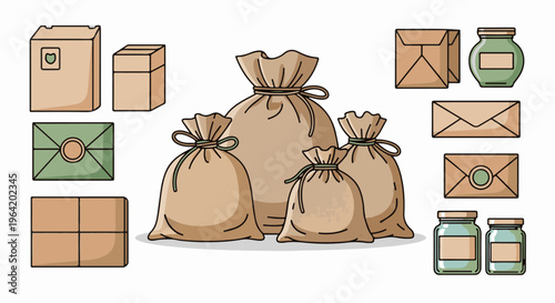 Various packages, pouches, and jars presented in a stylized, flat illustration