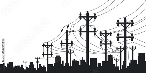 Electric power lines and utility poles over urban skyline silhouettes, representing city energy distribution, electrical infrastructure, and modern power grid system concept