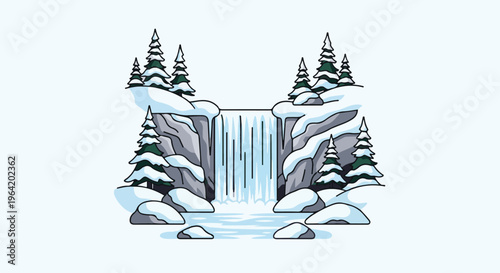 Winter waterfall with snow-covered rocks and evergreen trees